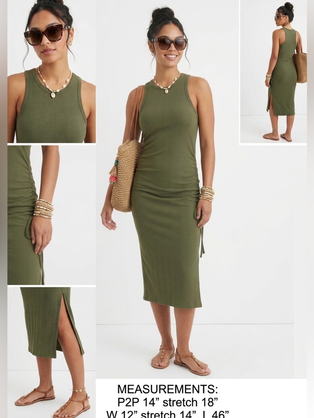 aerie $55 NWT Olive Green Ribbed Ruched Asymmetric Midi Dress S